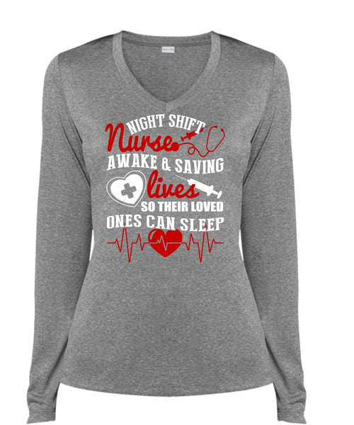Night Shift Nurse T Shirt, Awake And Saving Lives T Shirt, Cool Shirt (Ladies LS Heather V-Neck)