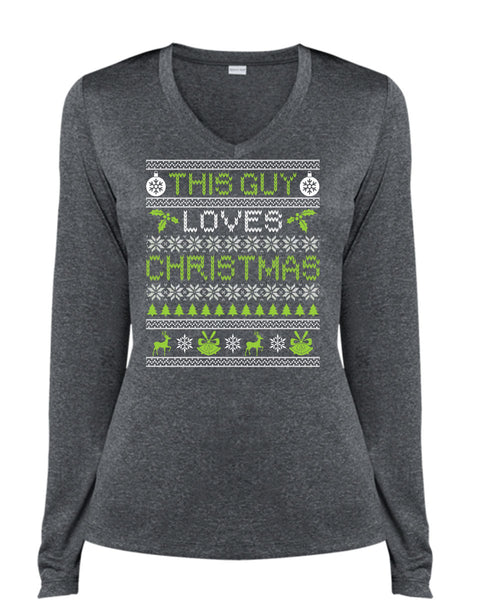 This Guy Loves Christmas T Shirt, Funny Winter T Shirt, Cool Shirt (Ladies LS Heather V-Neck)