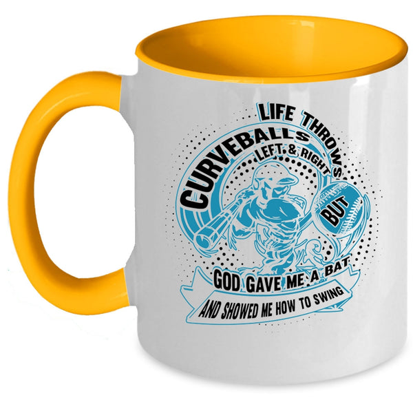 Funny Baseball Player Coffee Mug, Life Throws Curveballs Left And Right Accent Mug