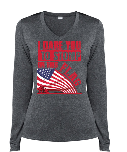 I Dare You To Stomp On This Flag T Shirt, Being A Veteran T Shirt, Cool Shirt (Ladies LS Heather V-Neck)