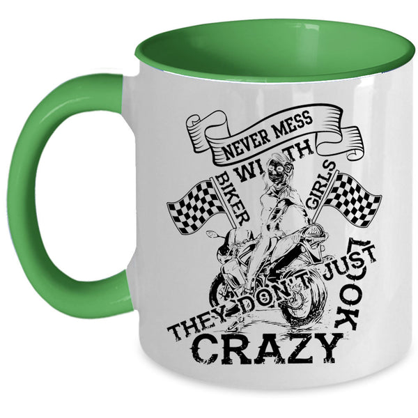 Pretty Girls Coffee Mug, Never Mess With Biker Girls Accent Mug
