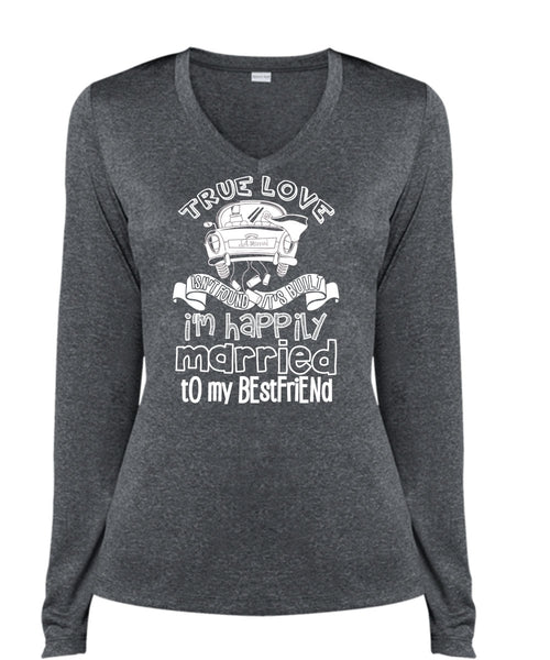 I'm Happily Married To My Best Friend T Shirt, Being A Wife T Shirt, Cool Shirt (Ladies LS Heather V-Neck)