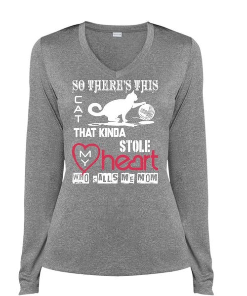 This Cat That Kinda Stole My Heart T Shirt, Calls Me Mom T Shirt, Cool Shirt (Ladies LS Heather V-Neck)