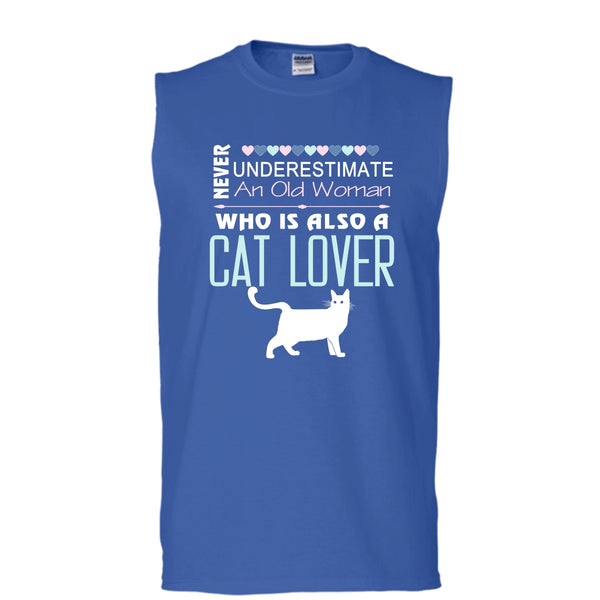 Never Underestimate An Old Woman Shirt, Who Is Also A Cat Lover Shirt (Men's Cotton Sleeveless)
