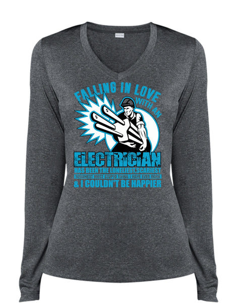 Falling In Love With An Electrician T Shirt, Being An Electrician T Shirt, Cool Shirt (Ladies LS Heather V-Neck)