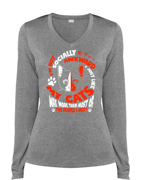 I Just Like My Cats T Shirt, I'm Not Socially Awkward T Shirt, Cool Shirt (Ladies LS Heather V-Neck)