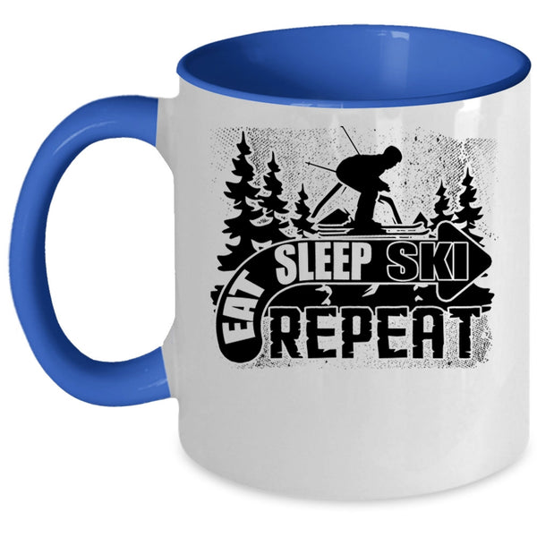 Outdoor Activity Coffee Mug, Eat Sleep Ski Repeat Accent Mug