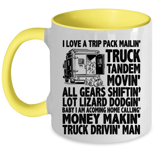 Truck Driving Man Coffee Mug, I Love A Trip Pack Mailing Truck Tandem Accent Mug