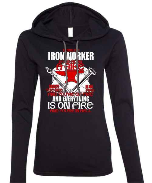 Being An Ironworker T Shirt, Like Riding A Bike T Shirt (Anvil Ladies Ringspun Hooded)