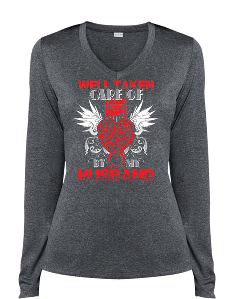Well Taken Care Of Heart By My Husband T Shirt, Being A Husband T Shirt, Cool Shirt (Ladies LS Heather V-Neck)