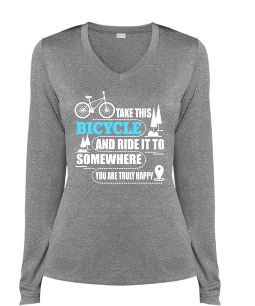 Take This Bicycle T Shirt, Being A Biker T Shirt, Cool Shirt (Ladies LS Heather V-Neck)