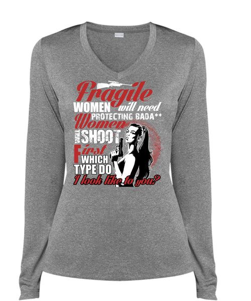 Women Will Shoot T Shirt, Being A Gunner T Shirt, Cool Shirt (Ladies LS Heather V-Neck)