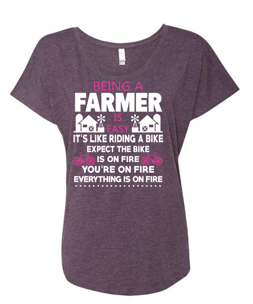 Being A Farmer Is Easy T Shirt, It's Like Riding A Bike T Shirt, Cool Shirt (Ladies' Triblend Dolman Sleeve)
