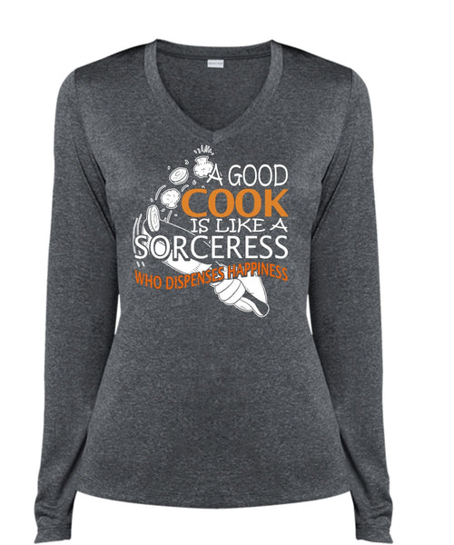 A Good Cook Is Like A Sorceress T Shirt, Being A Cooker T Shirt, Cool Shirt (Ladies LS Heather V-Neck)