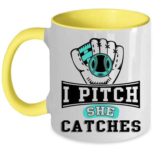 Cool Softball Coffee Mug, I Pitch She Catches Accent Mug