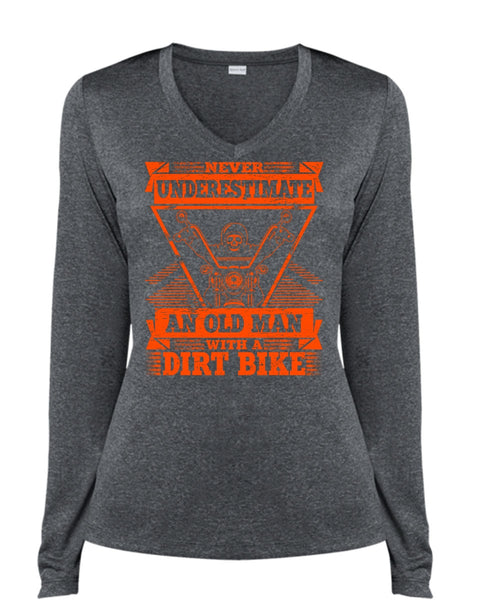 Old Man With A Dirt Bike T Shirt, Being A Biker T Shirt, Cool Shirt (Ladies LS Heather V-Neck)