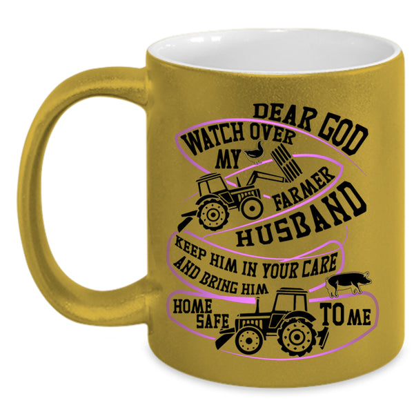 Cool Farmer Husband Coffee Mug, Watch Over My Farmer Husband Accent Mug