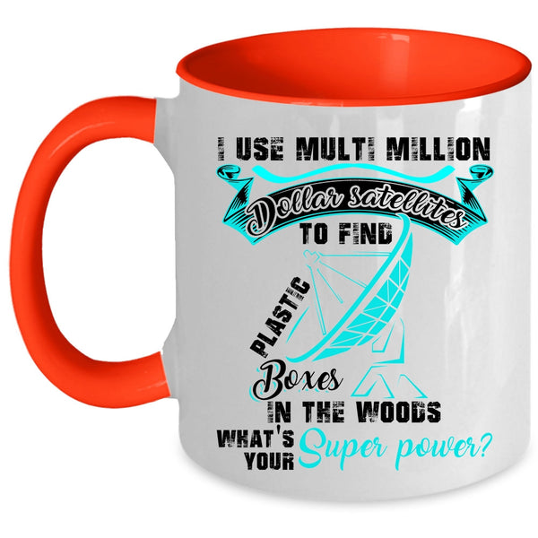 Funny Geocaching Coffee Mug, Plastic Boxes In The Woods Accent Mug