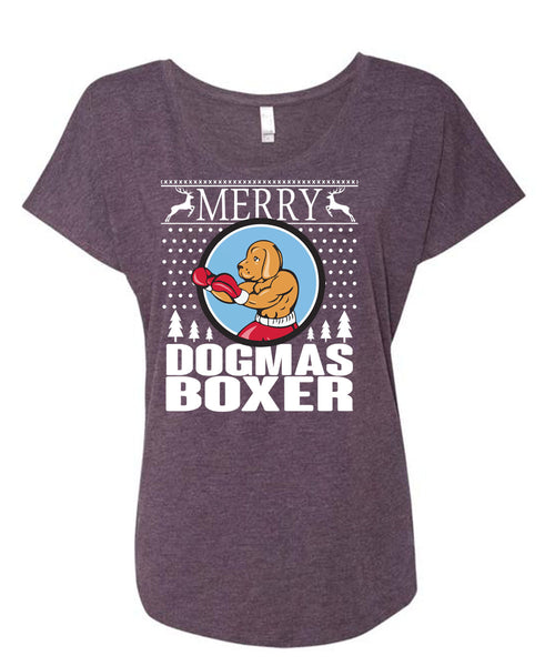Merry Dogmas Boxer T Shirt, This Girl Loves Christmas T Shirt, Cool Shirt (Ladies' Triblend Dolman Sleeve)