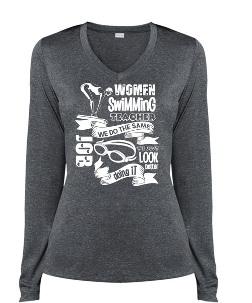 Women Swimming Teacher T Shirt, Being A Swimmer T Shirt, Cool Shirt (Ladies LS Heather V-Neck)