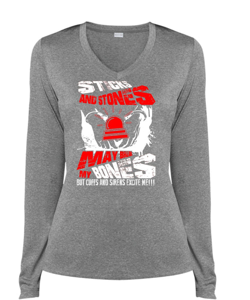 Sticks And Stones T Shirt, Being A Police T Shirt, Cool Shirt (Ladies LS Heather V-Neck)