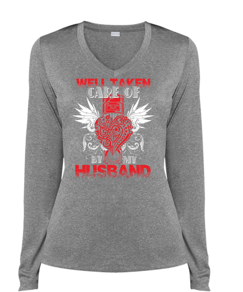 Well Taken Care Of Heart By My Husband T Shirt, Being A Husband T Shirt, Cool Shirt (Ladies LS Heather V-Neck)