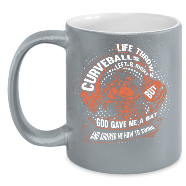 Life Throws Curveballs Left And Right Coffee Mug, Funny Baseball Player Coffee Cup
