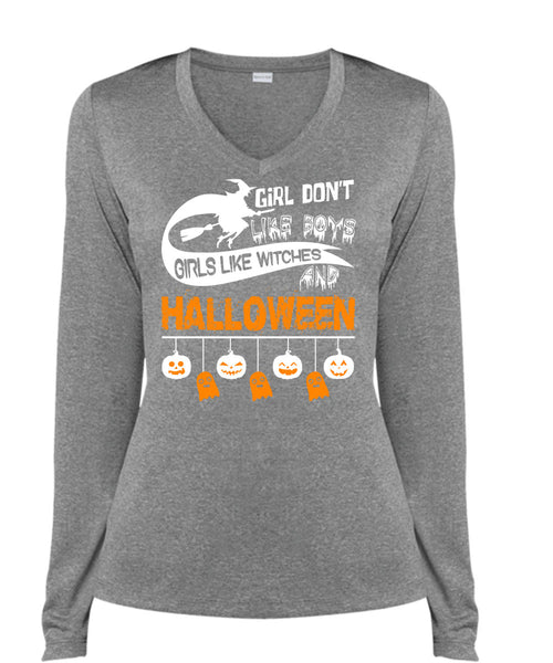 Girls Like Witches And Halloween T Shirt, Girl Don't Like Boys T Shirt, Cool Shirt (Ladies LS Heather V-Neck)