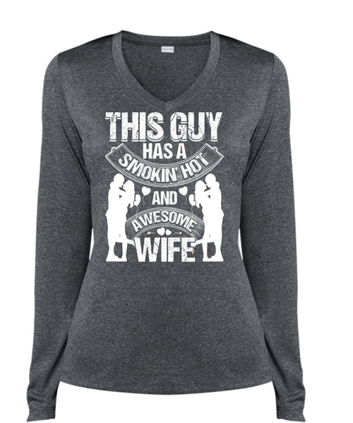 Smoking Hot And Awesome Wife T Shirt, My Family WarmBeing A Husband T Shirt, Cool Shirt (Ladies LS Heather V-Neck)