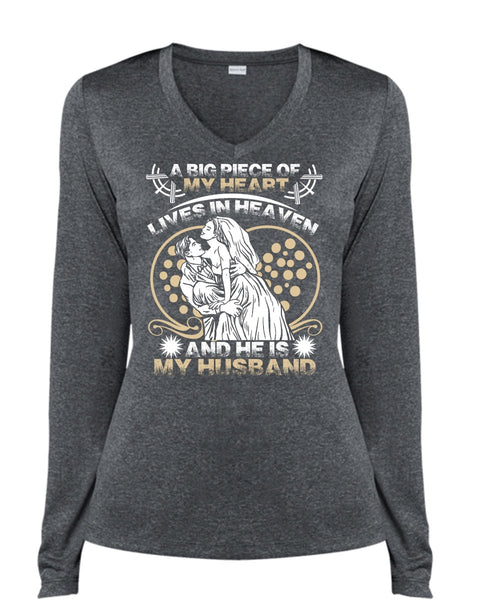 He Is My Husband T Shirt, Lives In Heaven T Shirt, Cool Shirt (Ladies LS Heather V-Neck)