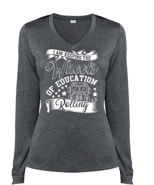 Wheels Of Education Rolling T Shirt, Being A Driver T Shirt, Cool Shirt (Ladies LS Heather V-Neck)