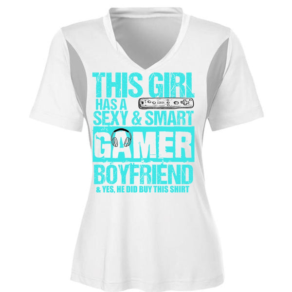This Girl Has A Smart Gamer Boyfriend T Shirt, Being A Gamer T Shirt, Cool Shirt (Ladies LS Heather V-Neck)