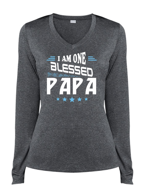 I Am One Blessed Papa T Shirt, Father's Day T Shirt, Being A Papa T Shirt (Ladies LS Heather V-Neck)