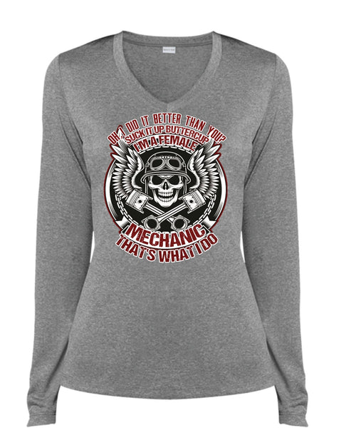 I'm A Female Mechanic T Shirt, I Love Mechanic T Shirt, Cool Shirt (Ladies LS Heather V-Neck)