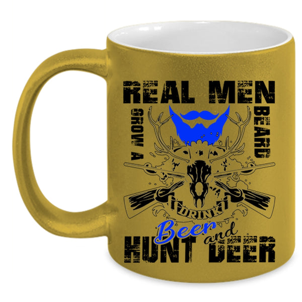 Hunt Deer Coffee Mug, Real Men Grow A Beard Drink Beer Accent Mug