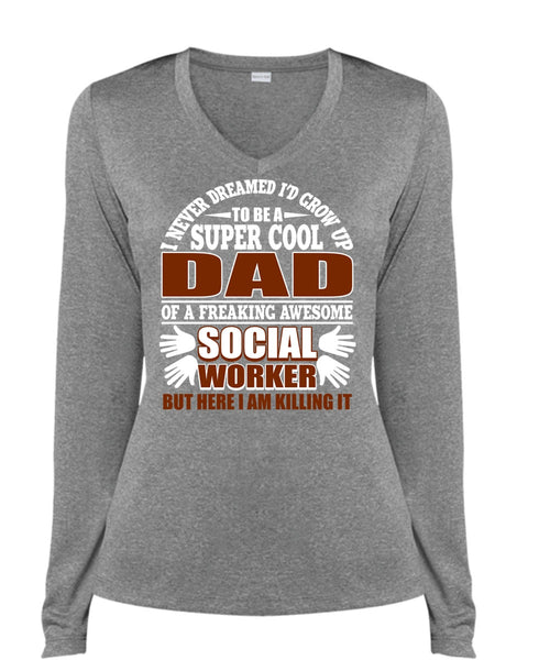 I'd Grow Up To Be A Cool Dad T Shirt, Social Worker T Shirt, Cool Shirt (Ladies LS Heather V-Neck)