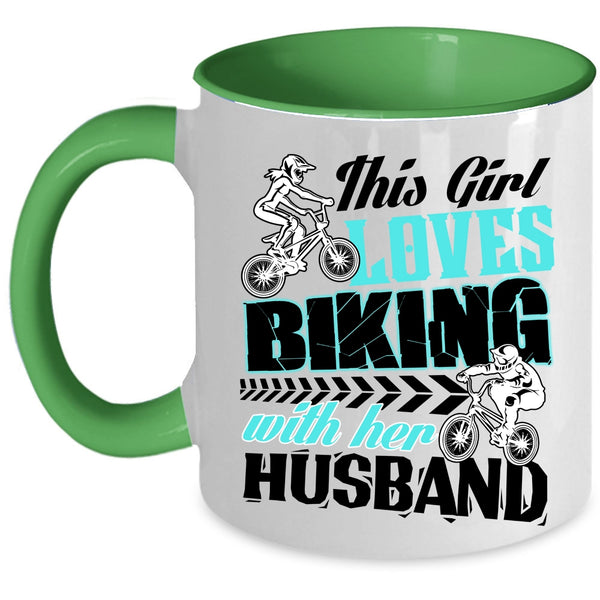 Gift For Wedding Coffee Mug, This Girl Loves Biking With Her Husband Accent Mug