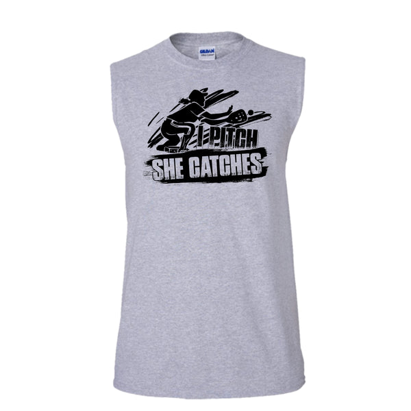 I Pitch She Catches T Shirt, Gift For Baseball Player Tank Top (Men's Cotton Sleeveless)