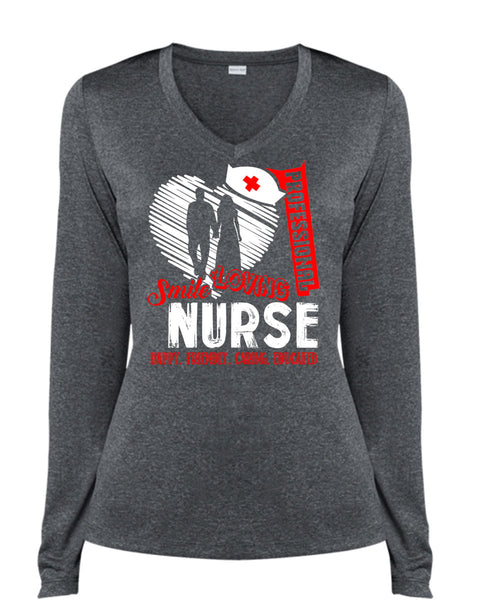 Professional Smile Loving Nurse T Shirt, Happy Friendly Caring Educated T Shirt, Cool Shirt (Ladies LS Heather V-Neck)