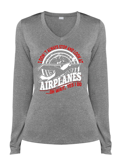 Look At Airplanes T Shirt, Being A Pilot T Shirt, Cool Shirt (Ladies LS Heather V-Neck)