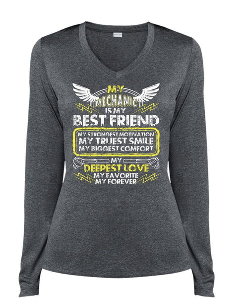 My Mechanic Is My Best Friend T Shirt, My Favorite My Forever T Shirt, Cool Shirt (Ladies LS Heather V-Neck)