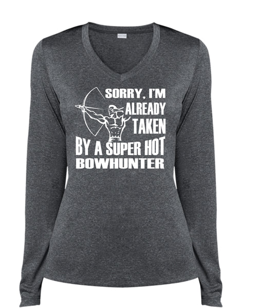 I'm Already Taken By A Hot Bowhunter T Shirt, Sport T Shirt (Ladies LS Heather V-Neck)