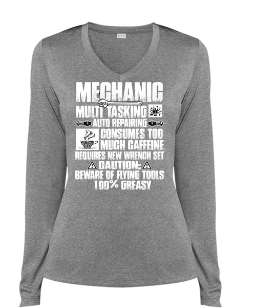 Mechanic Multitasking T Shirt, Much Caffeine T Shirt, Cool Shirt (Ladies LS Heather V-Neck)