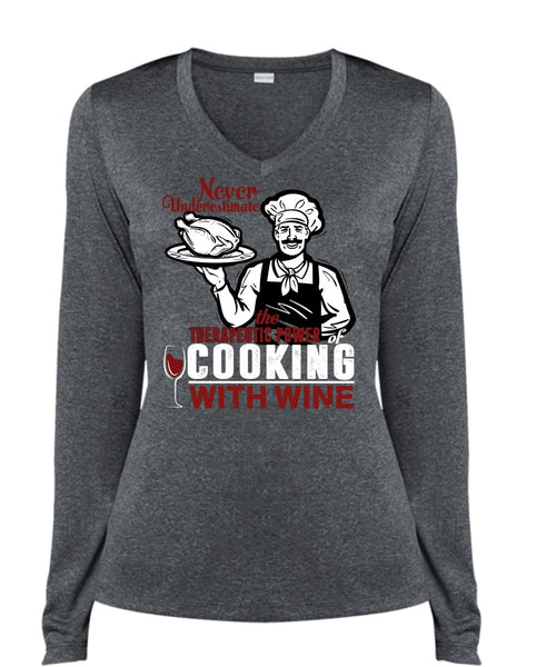 Cooking With Wine T Shirt, Being A Cooker T Shirt, Cool Shirt (Ladies LS Heather V-Neck)