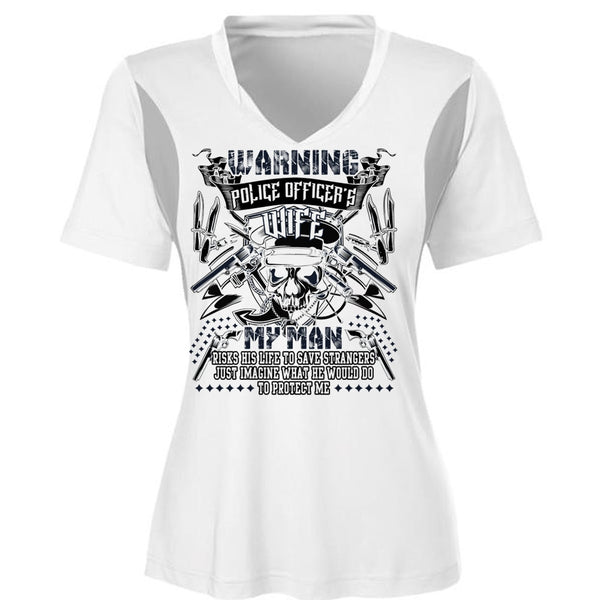 Police Officer's Wife T Shirt, My Man Risks His Life T Shirt, Cool Shirt (Ladies LS Heather V-Neck)