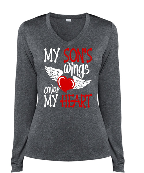 My Son's Wings Cover My Heart T Shirt, Being A Son T Shirt, Cool Shirt (Ladies LS Heather V-Neck)