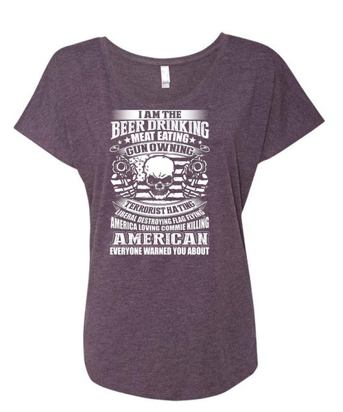 Meat Eating Gun Owning T Shirt, American T Shirt, Cool Shirt (Ladies' Triblend Dolman Sleeve)