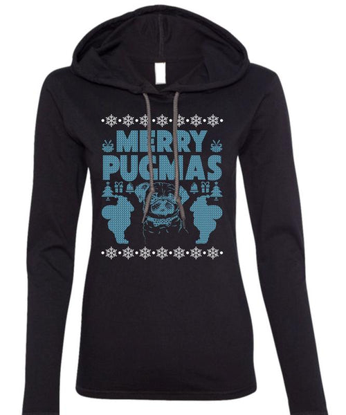 Merry Pugmas T Shirt, I Love Christmas T Shirt (Anvil Ladies Ringspun Hooded)