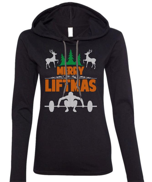 Merry Liftmas T Shirt, I Love Christmas T Shirt (Anvil Ladies Ringspun Hooded)