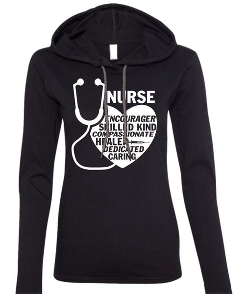 Nurse Encourager Skilled Kind T Shirt, Healer Dedicated Caring T Shirt (Anvil Ladies Ringspun Hooded)